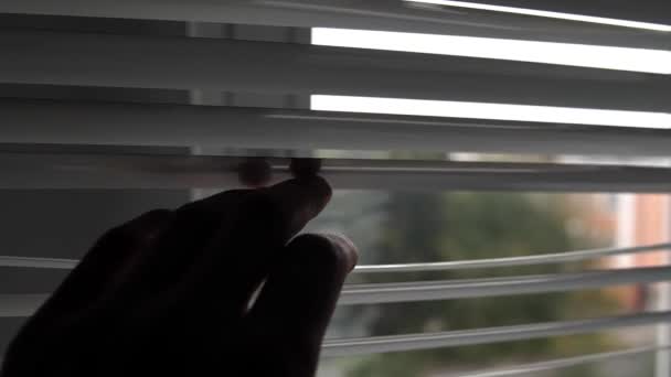 Ciekawy Człowiek Otwiera Rolety Palcami Patrzy Przez Okno Zbliżenie Ręki — Wideo stockowe