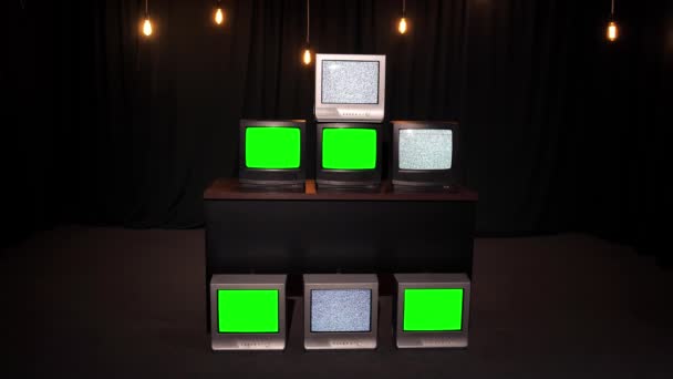 Πολλά Retro Stack Στατικό Θόρυβο Μπάρες Χρώματος Και Πράσινο Chromakey — Αρχείο Βίντεο
