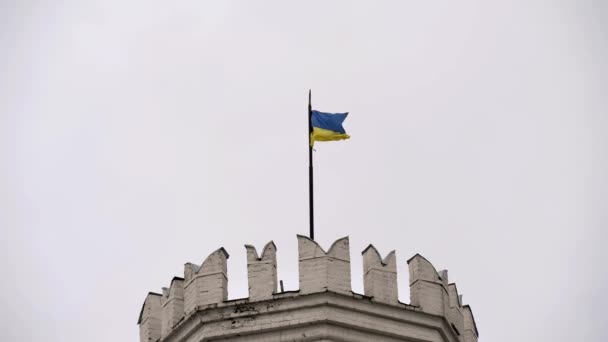 Bandera Ucrania Montada Techo Del Edificio Territorio Liberado Las Fuerzas — Vídeo de stock