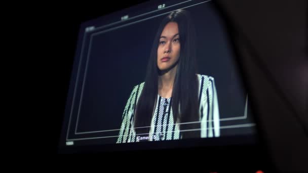 Backstage Studio Television Filming Talk Shows Asian Girl Presenter Listens — Stock Video