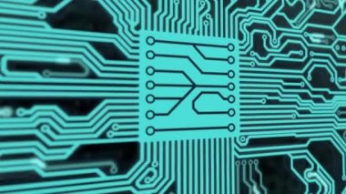 Baskılı devre kartı insan beyni şeklinde titreşir ve çizilir. Yapay zeka bilgisayar elektronik sinyallerinin 3 boyutlu canlandırması.