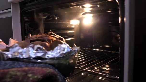 主婦はオーブンに詰められたアヒルを置きます お祝いの宴のために焼いた家禽を調理する 自宅のキッチンで料理する女性 — ストック動画