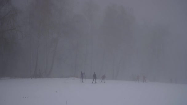 Niños Adultos Esquiando Nieve Una Pesada Niebla Una Fresca Mañana — Vídeos de Stock