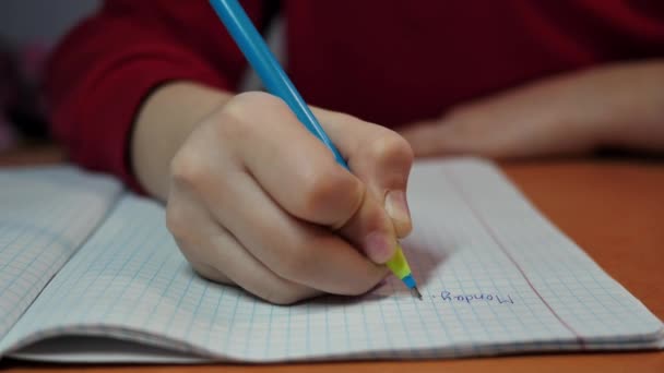 女子生徒がレッスンを教えながらノートブックでその言葉を書く 子供は英語で宿題をし 週の日付を書いています 距離教育について 国内教育 — ストック動画
