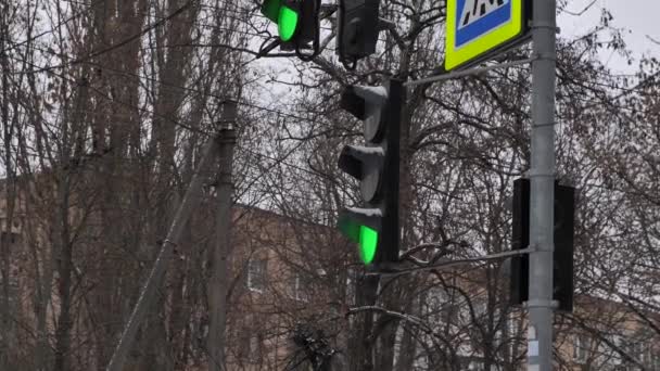 Yaya Geçidinde Yeşil Bir Trafik Işığına Yakın Çekim Trafik Işığı — Stok video