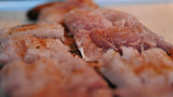 对鱼片的特写宏观视频拍摄 煮菜时 用调料把生鱼片洒上 在家里厨房里煎或烤鱼片 — 图库视频影像
