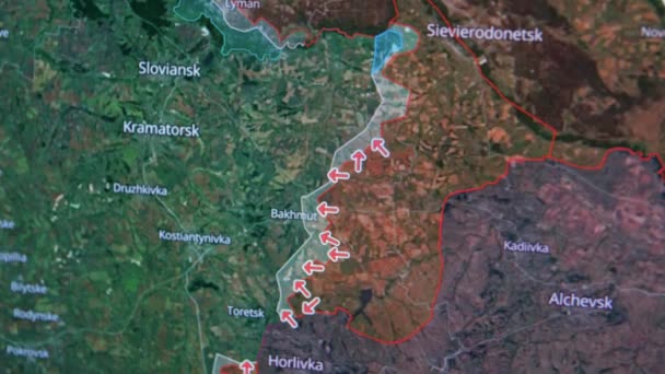 乌克兰顿涅茨克地区Bakhmut市附近的敌对行动图 俄罗斯军队的进攻 俄罗斯对乌克兰的侵略战争 俄罗斯部队占领领土图 — 图库视频影像