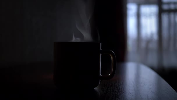Close Cup Hot Tea Stands Table Dark Room Fragrant Steam — Stock Video