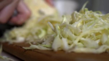 Profesyonel aşçı ya da ev hanımı ev mutfağında bıçakla tahta kesme tahtasıyla taze lahana kesiyor. Yemek blogcuları ve yemek meraklıları için mükemmel. Mutfak içeriğinizi bu görüntülerle yükseltin