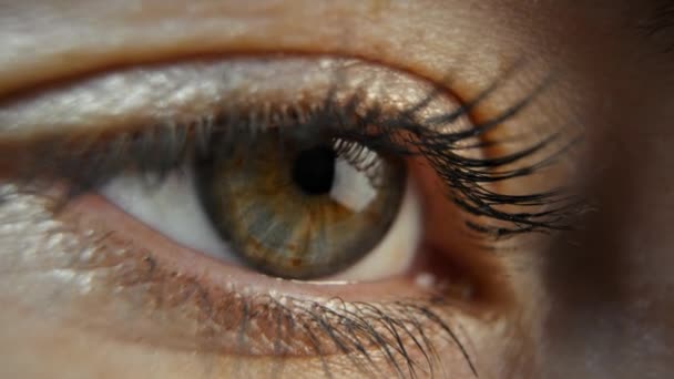 Макросъемка Женского Глаза Женщина Открывает Глаза Смотрит Медленное Движение — стоковое видео