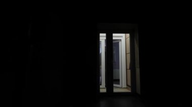 Arka plandaki cam kapılardan bir adam karanlık bir odaya giriyor. Bir adamın silueti kapıyı açar ve ışıklar kapalı bir odaya girer. Arka ışık. Yazı için boşluk kopyala.