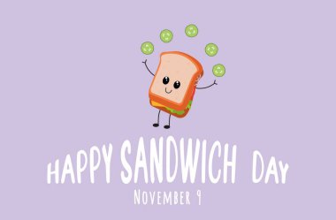 Komik kawaii tarzı sandviç, turşu dilimleriyle hokkabazlık yapıyor.