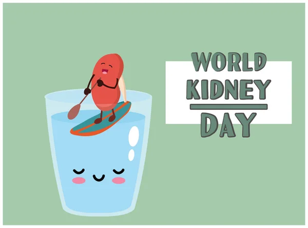 World Kidney Day with a kidney paddle surfing inside a kawaii-style glass of water