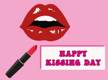 Da Internacional del beso con labios rojos y un labial con texto y fondo rosa