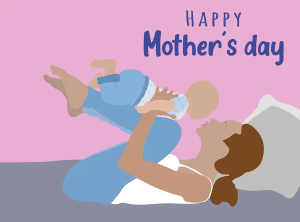 Día Madre Con Una Madre Jugando Con Bebé Tumbado Suelo — Vector de stock
