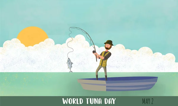 stock image World Tuna Day on May 2 with a fisherman in a boat fishing in the ocean with a fishing rod