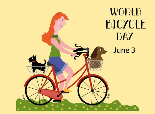 Dia Mundial Bicicleta Junho Com Uma Menina Cabelos Vermelhos Andando —  Vetores de Stock