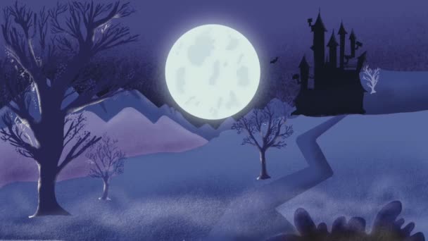 Motivo Animazione Con Villa Infestata Una Notte Luna Piena Pipistrelli — Video Stock