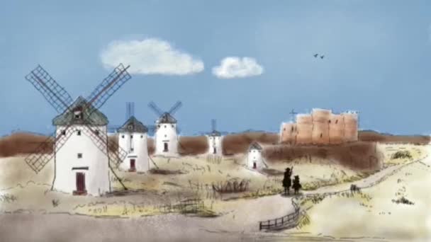 Анимация Испанских Ветряных Мельниц Ландшафте Манча Испании Силуэтом Дон Кихота — стоковое видео