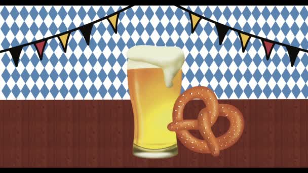 庆祝典型的德国事物的动画 如桌上放了一杯啤酒和椒盐卷饼 背景是铅笔 — 图库视频影像