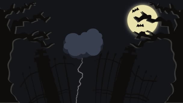 Animacja Wejścia Cmentarz Nocy Piorunami Nietoperzami — Wideo stockowe