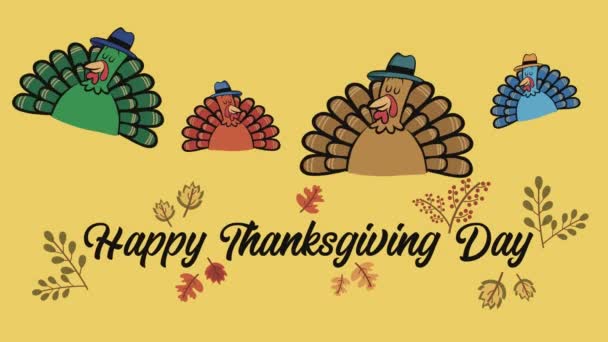 Animated Thanksgiving Begroeting Met Kleurrijke Kalkoenen Tekst Planten — Stockvideo