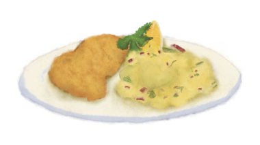 Alman şnitzel yemeği ve patates salatası suluboya stilinde ve arka planda değil.