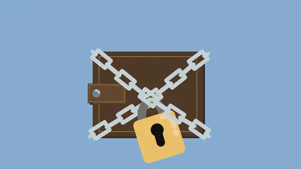Brown wallet with a chain and padlock on blue background