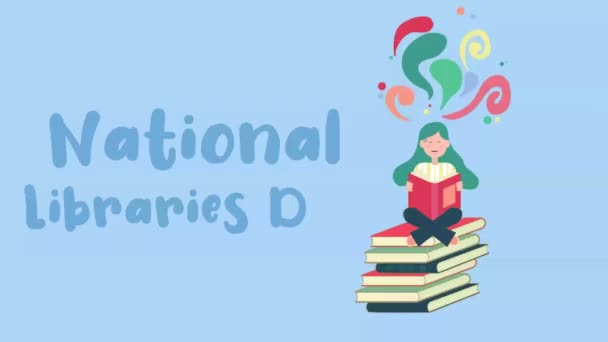 Εθνική Ημέρα Βιβλιοθηκών Animation Κορίτσι Που Διαβάζει Ένα Βιβλίο Που — Αρχείο Βίντεο