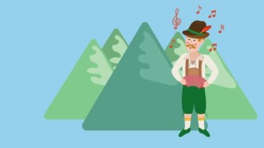 Tirol 'lü bir adam geleneksel kostümle şarkı söylüyor ve akordeon çalıyor. Arka planda Alpler var.