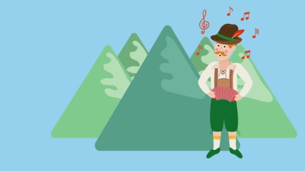 ティロリアン男は歌を歌い バックグラウンドでアルプスと伝統的な衣装でアコーディオン — ストック動画