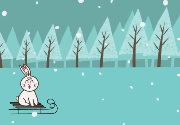 Winter Animation White Rabbit Riding Sleigh Snowy Forest — Stock Video