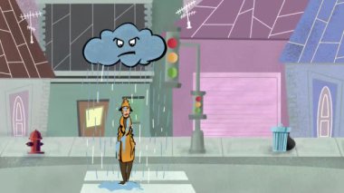Yağmurluklu ve şapkalı kızgın adam yağmur yüzünden ıslanıyor sokak animasyonunda bir bulutun altında