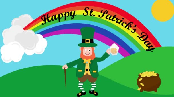 3月17日のセントパトリックの日を祝うためにビールマグ お金の鍋 虹でアイルランドのレプリカン — ストック動画