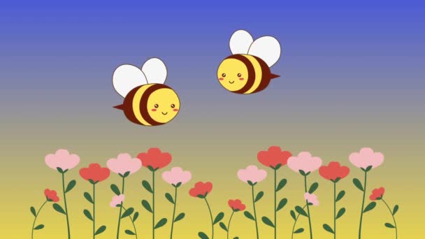 Animación Abejas Flores Primavera Con Fondo Degradado Azul Amarillo — Vídeos de Stock