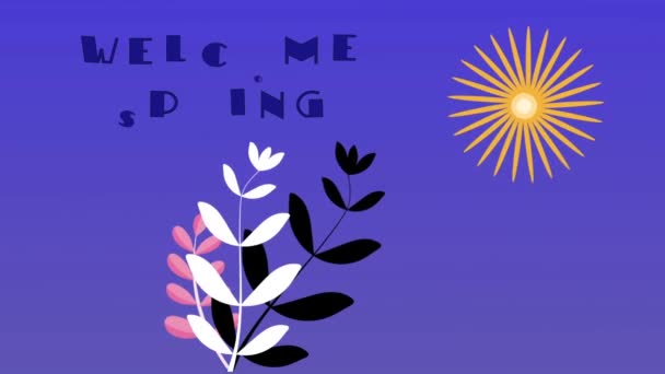 欢迎春天 在风中摇曳的植物 旋转的太阳和蓝色背景的文字的动画 — 图库视频影像