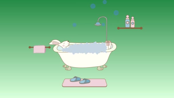Relaksująca Kąpiel Animacja Białego Królika Biorącego Kąpiel Bąbelkami — Wideo stockowe