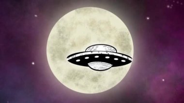 Gece gökyüzünde uçan bir uçan daire ile Dünya UFO Günü animasyonu
