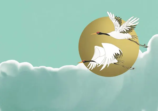 Güneşin üzerinde uçan iki turna ve yeşil ve sarı tonlarda bulutlar.