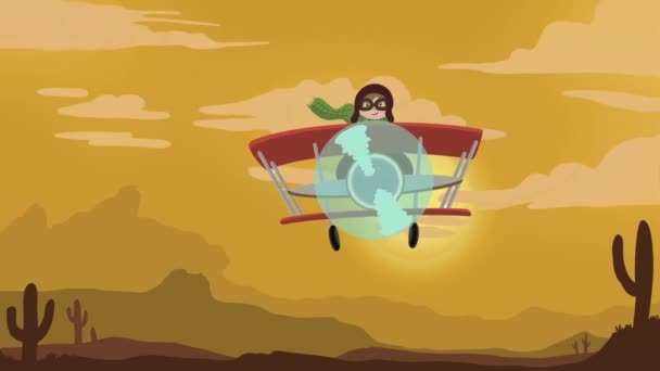 Κινούμενα Σχέδια Ενός Κόκκινου Αεροπλάνου Ένα Θηλυκό Αεροπόρο Περιοδεύει Στην — Αρχείο Βίντεο