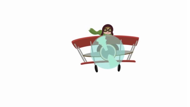 Animação Avião Vermelho Com Uma Menina Aviadora Fundo Branco — Vídeo de Stock