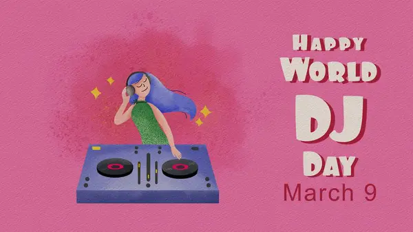 Pembe arka planda müzik çalan bir kız DJ ile Dünya DJ günü