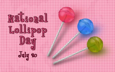 20 Temmuz 'daki Lolipop Günü' nüz kutlu olsun. Pembe desenli arka planda üç farklı aromalı lolipopun tasarımı.