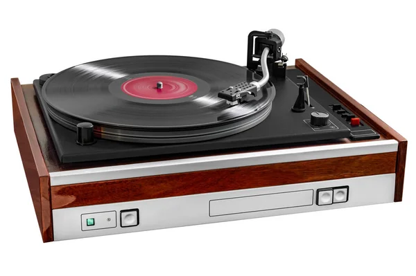 Vintage Turntable While Playing Record Isolated White Background — Stock Photo, Image