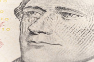 10 dolarlık fatura kapanıyor. Parça makro. Başkan Alexander Hamilton 'ın Portresi