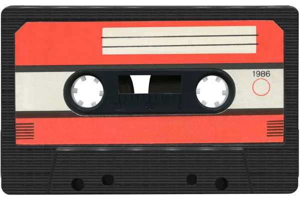 Чёрная Аудиокассета Красной Этикеткой Высокое Разрешение Изолированы Белой Backgroun — стоковое фото