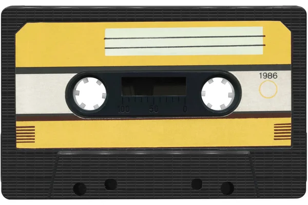 Černá Audiokazeta Kompaktní Kazeta Kazeta Žlutým Štítkem Vysoké Rozlišení Izolované — Stock fotografie