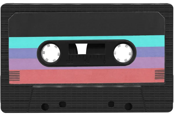 Czarna Kaseta Audio Kolorową Etykietą Wysoka Rozdzielczość Izolowana Białym Tle — Zdjęcie stockowe