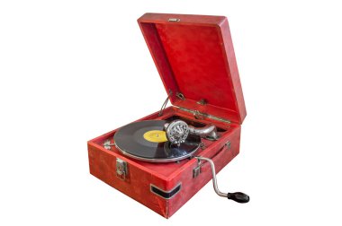 Gramofon beyaz arka grupta izole edilmiş vinil plağa sahip.