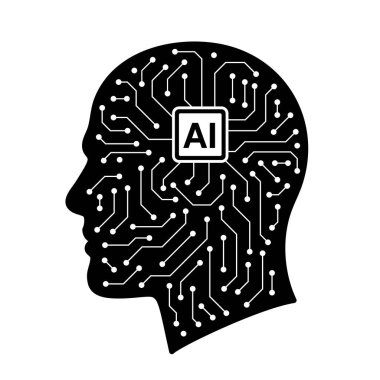 Ortasında bilgisayar çipi olan bir beynin siyah beyaz görüntüsü. Bu görüntü yapay zeka fikrini temsil ediyor.